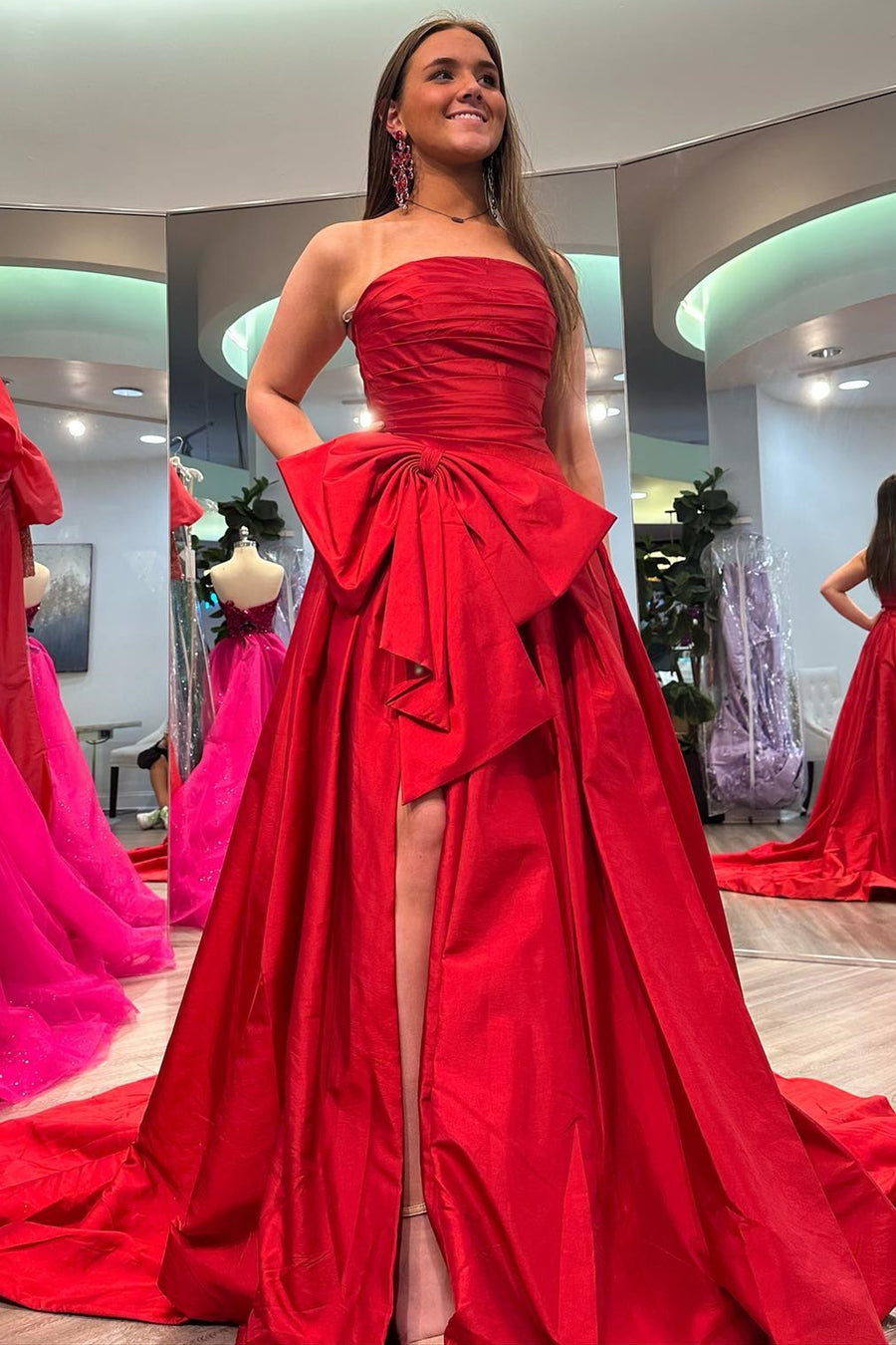 Neon Pink Strapless A-Line Prom Dress with Bow
