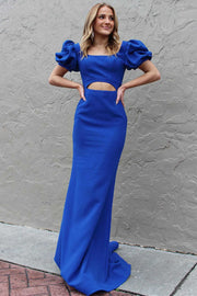 Royal Blue Puff Sleeve Cutout Long Prom Dress