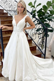 White Satin V-Neck Backless A-Line Long Wedding Dress