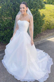 White Strapless Multi-Tiered A-Line Long Wedding Dress