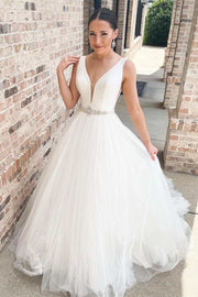 White V-Neck A-Line Long Wedding Dress with Belt