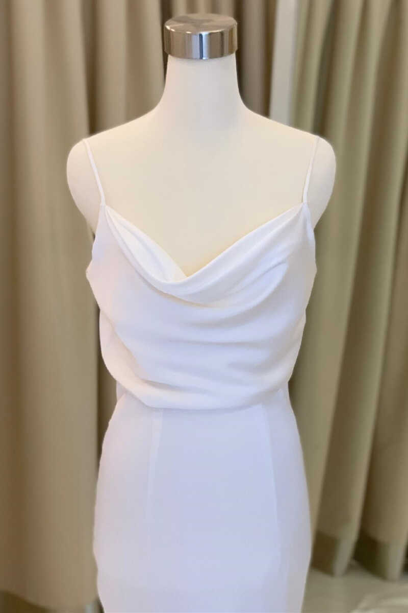 White Blouson Cowl Neck Backless Mermaid Long Wedding Dress