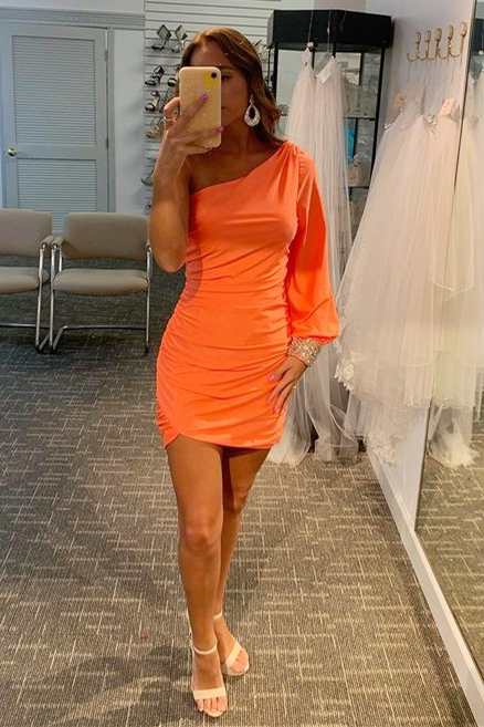 Hot Pink One Sleeve Ruched Mini Homecoming Dress