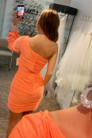 Hot Pink One Sleeve Ruched Mini Homecoming Dress