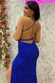 Royal Blue Sequin Sweetheart Backless Long Prom Gown with Slit