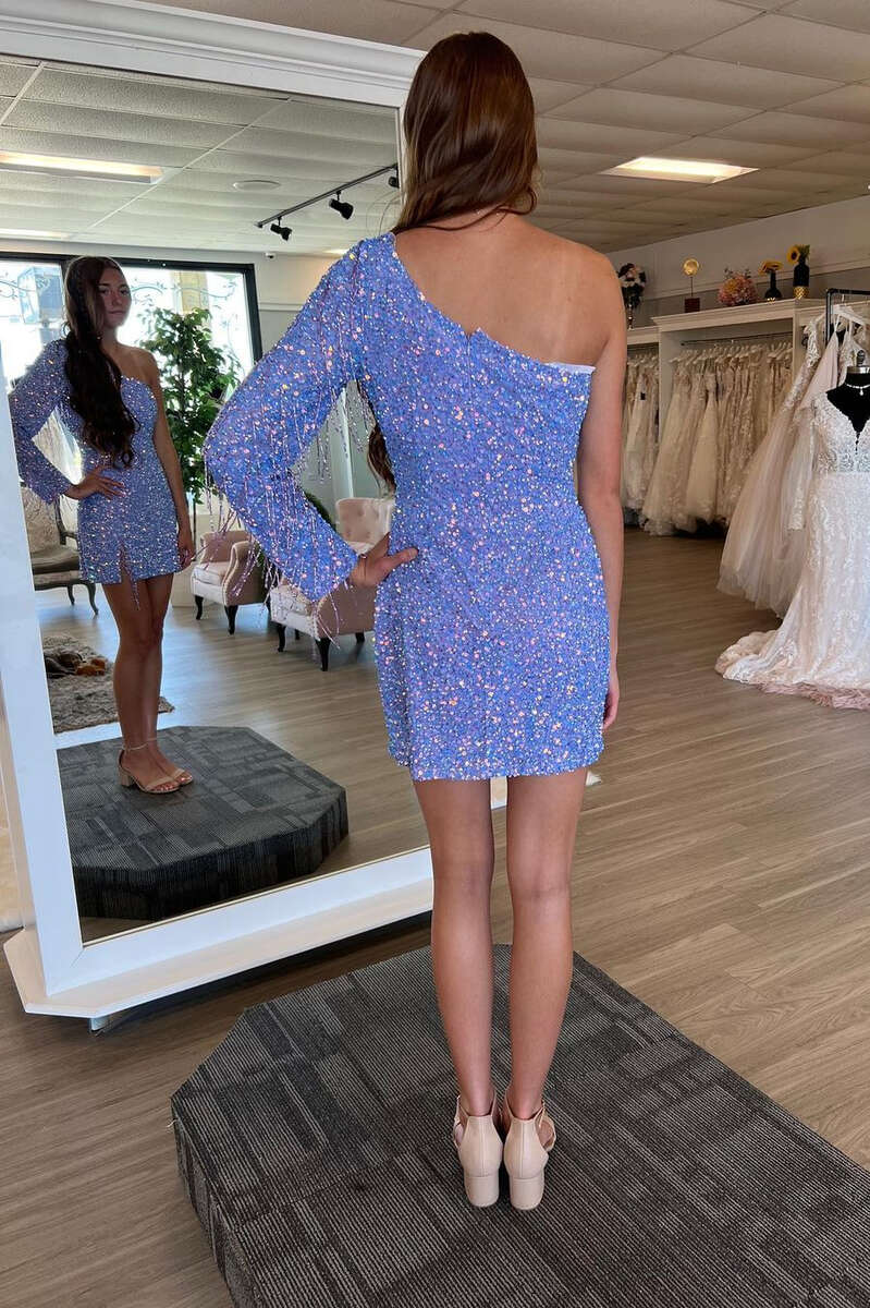 Periwinkle Sequin One Sleeve Fringe Short Homecoming Dress