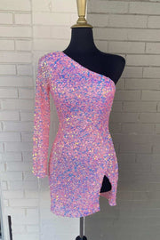 One Sleeve Hot Pink Sequins Party Dress