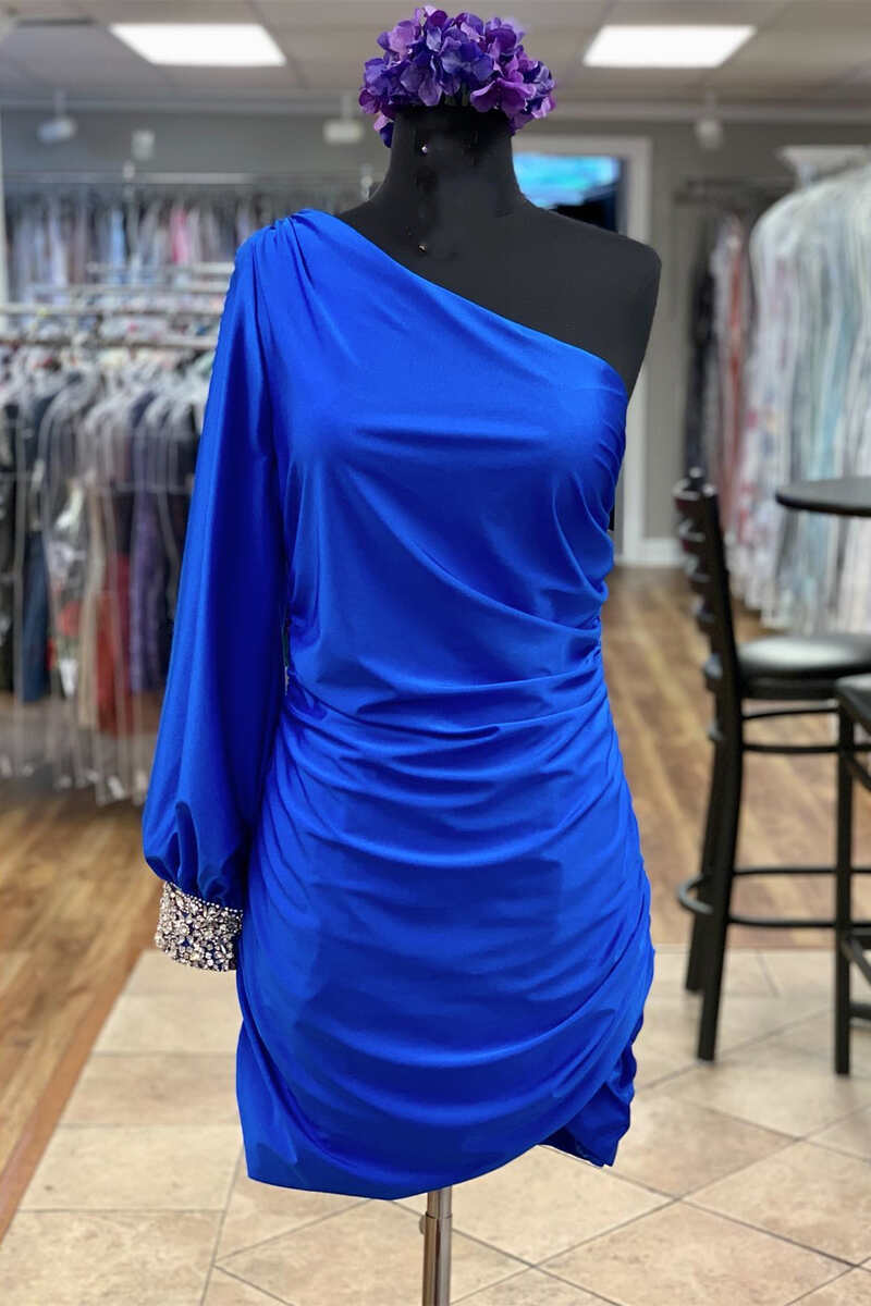 Hot Pink One Sleeve Ruched Mini Homecoming Dress