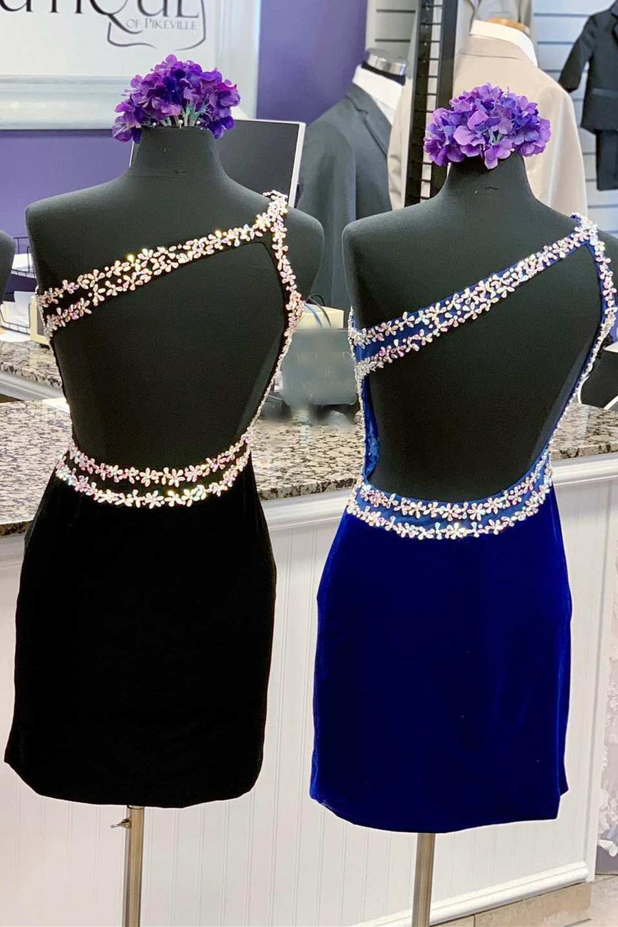 Royal Blue Velvet One-Shoulder Beaded Short Homecoming Dress