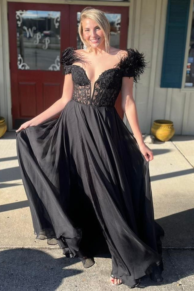 Black Applique Feather Off-the-Shoulder A-Line Long Prom Dress – Modsele