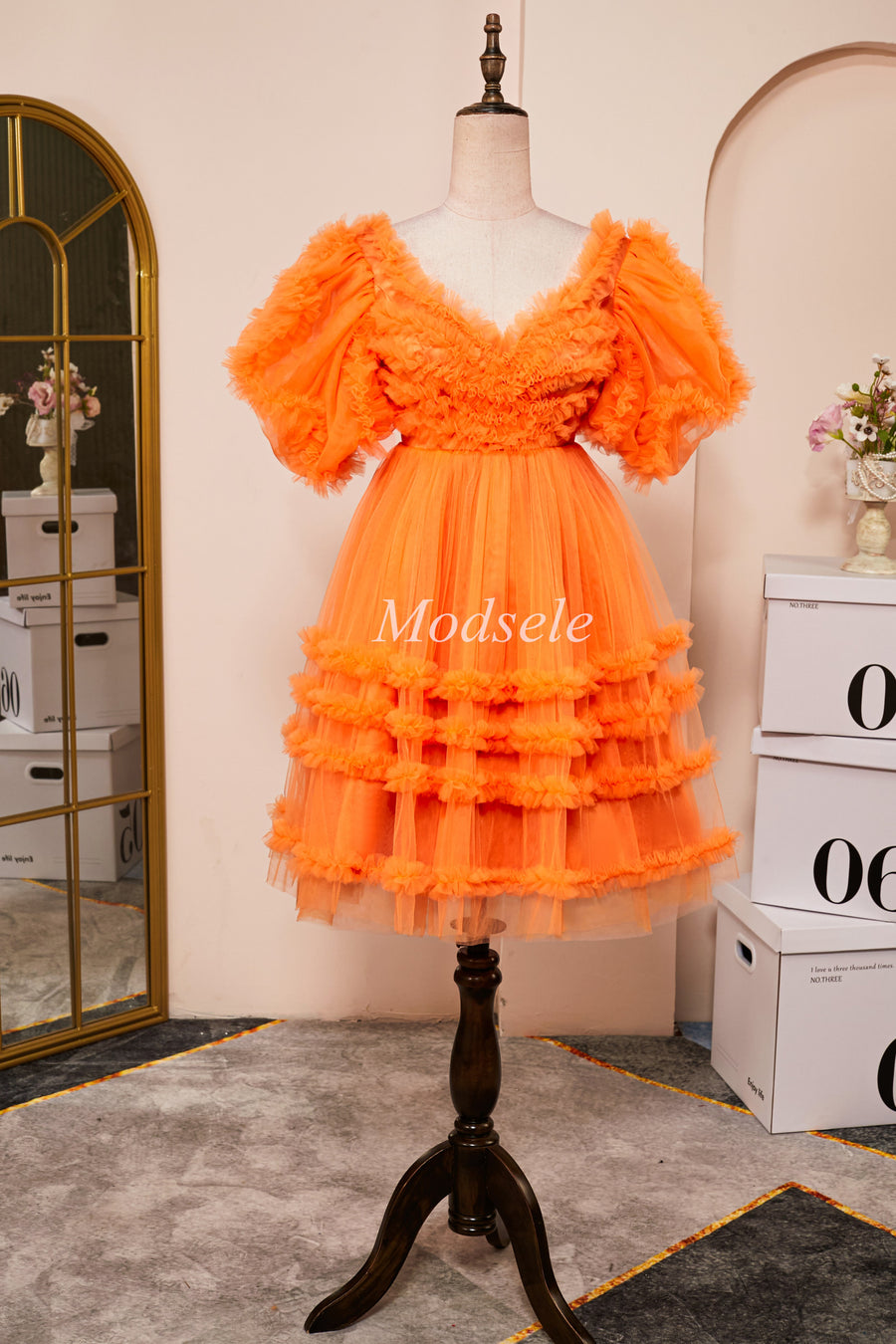 Orange Sweetheart Ruffle A-Line Short Dress with Puff Sleeves