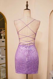 Lilac Sequin Lace-Up Fitted Short Homecoming Dress