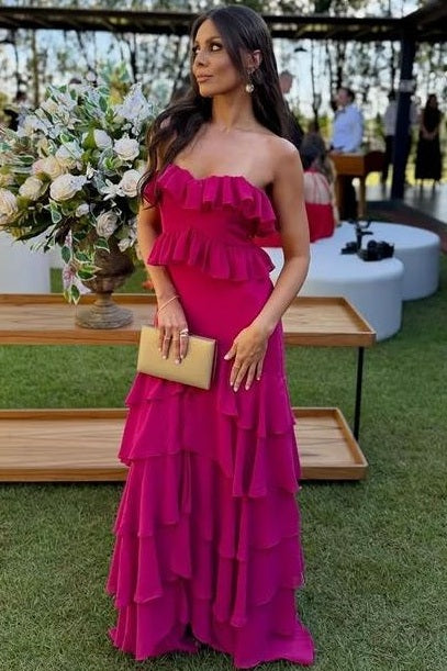 Elegant Ruffles Strapless Sleeveless Layered Long Party Prom Dress