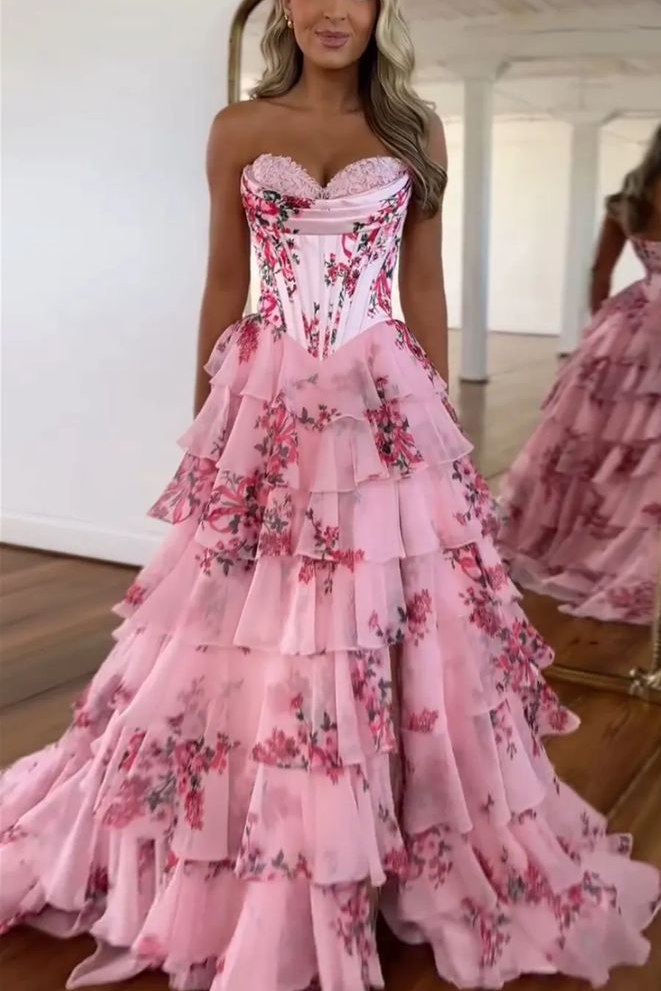Pink Strapless A-Line Printing Tiered Chiffon Floral Long Prom Dress
