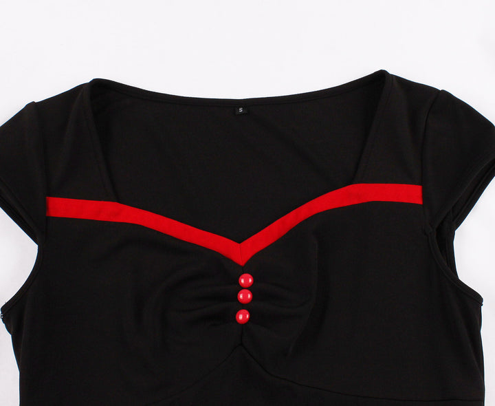 Vintage Black and Red Cap Sleeve A-Line Midi Dress
