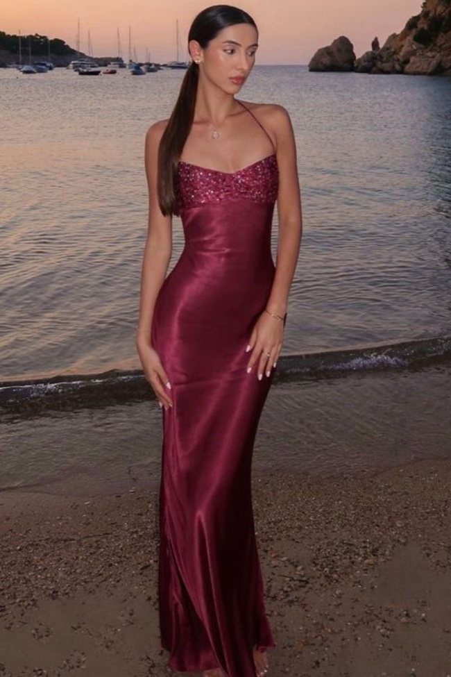 Sheath Lace-Up Spaghetti Straps V-Neck with Sequins Prom Party Dress