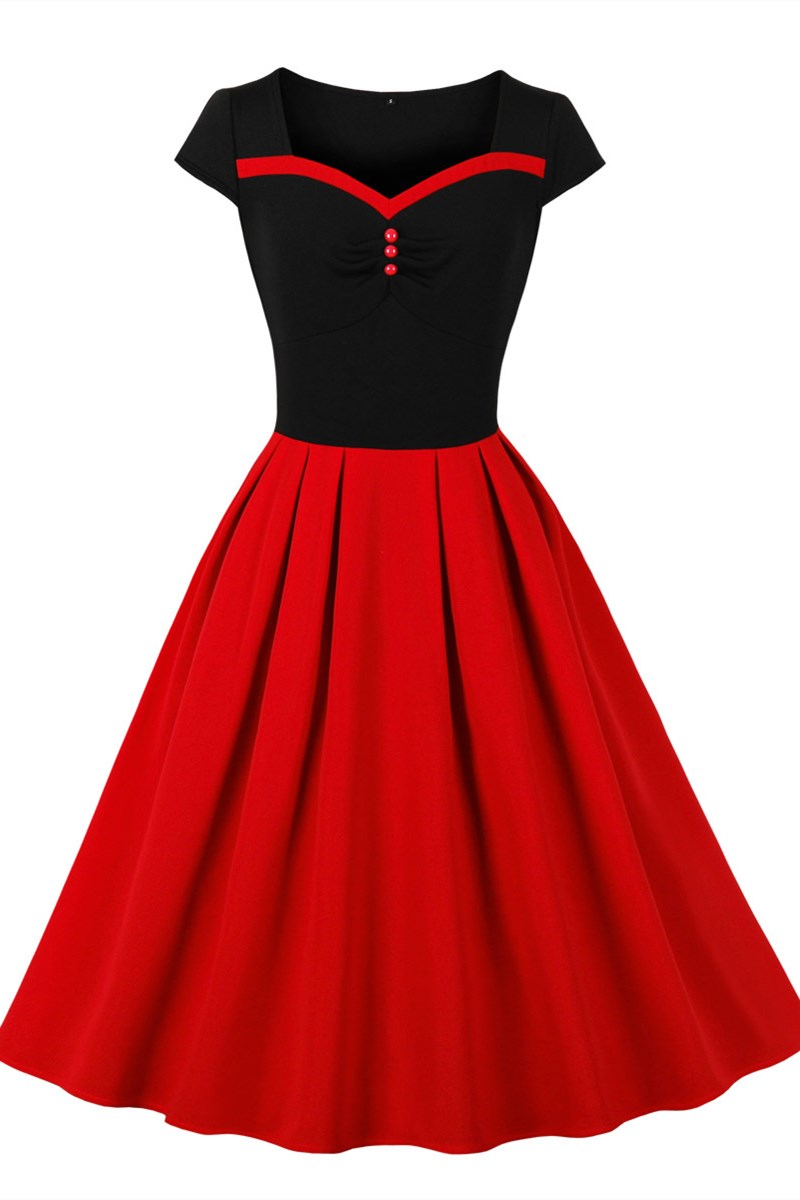Vintage Black and Red Cap Sleeve A-Line Midi Dress Modsele Vintage Black and Red Cap Sleeve A-Line Midi Dress Modsele
