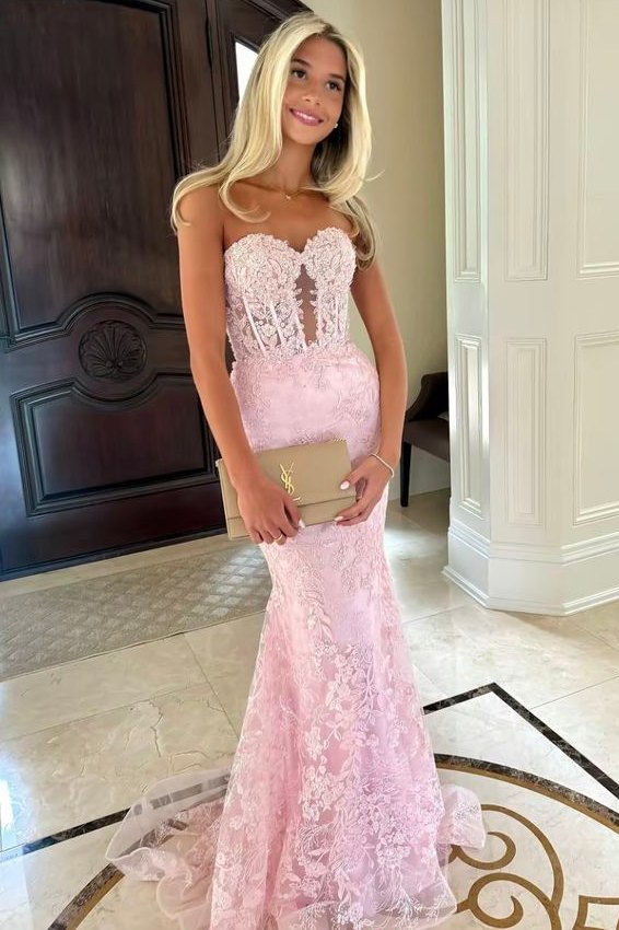 Lace Appliques Sweetheart Keyhole Trumpet Long Prom Dress