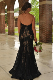 Strapless Red Appliques Mermaid Sleeveless Lace Long Prom Dress