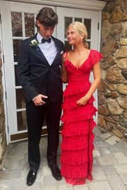 Elegant V-Neck Straps Ruffles Lace Sleeveless Long Prom Dress