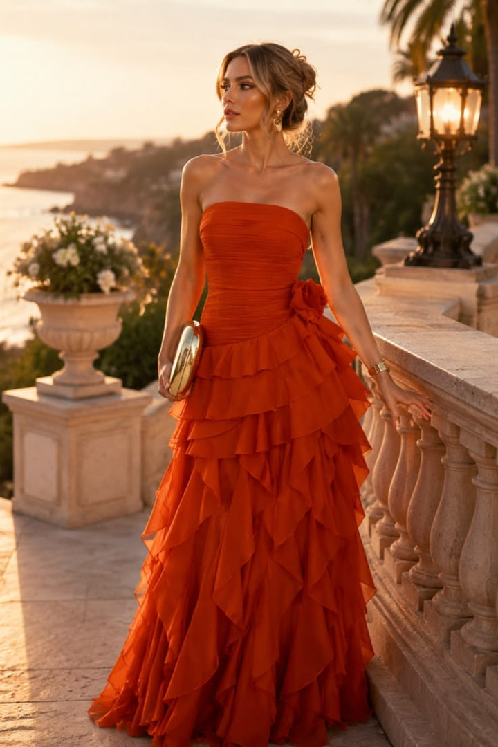Strapless Scoop Neck A-Line Empire-Waist Ruffles Long Prom Dress
