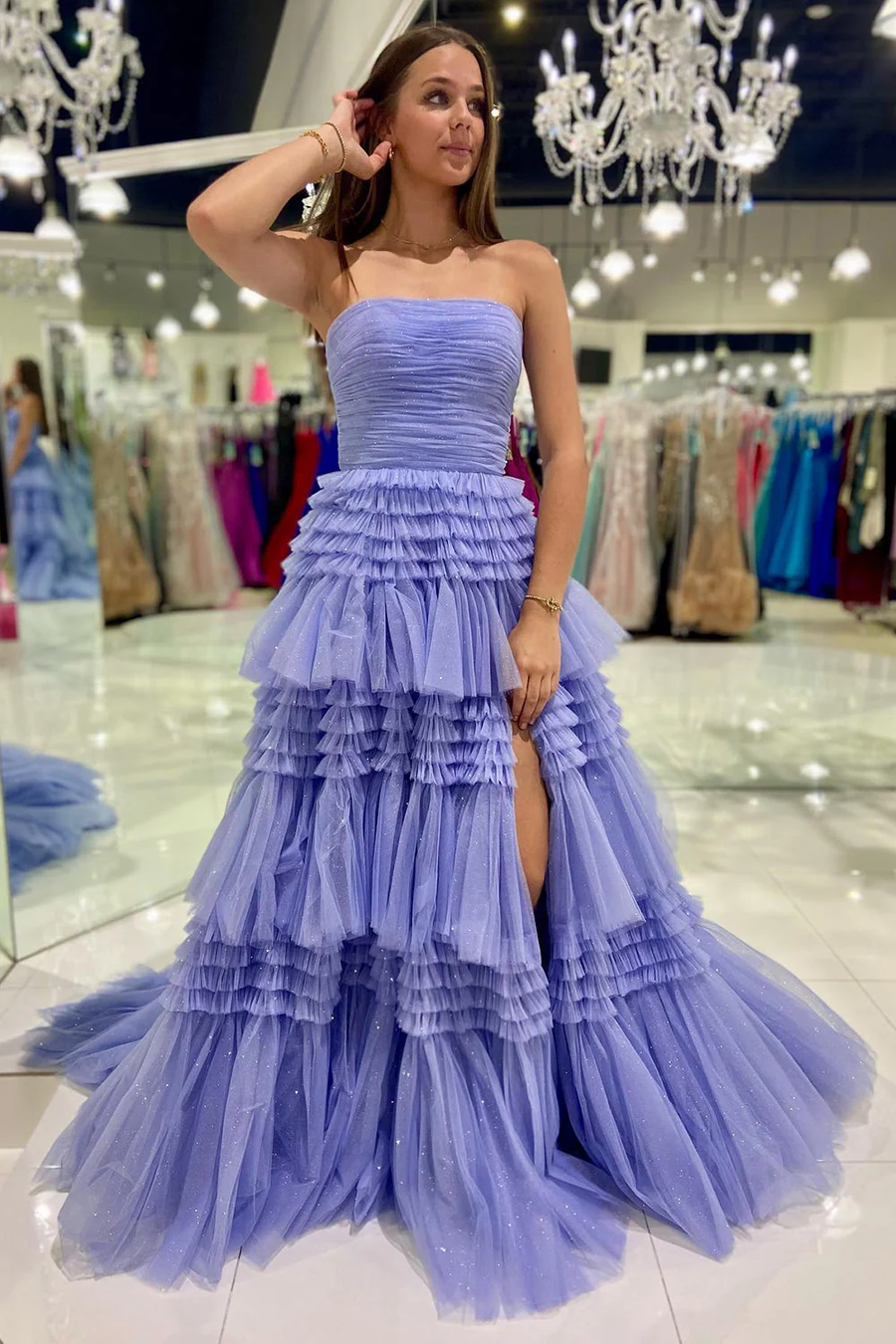 Sky Blue Strapless A-Line Tiered Tulle Prom Dress with Slit