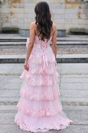 Strapless A-Line Sequins Appliques Tiered Long Prom Dress with Bow