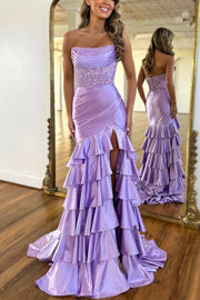 Pink Strapless Scoop Layered Pleated Mermaid Prom Dress with Slit