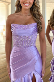 Pink Strapless Scoop Layered Pleated Mermaid Prom Dress with Slit