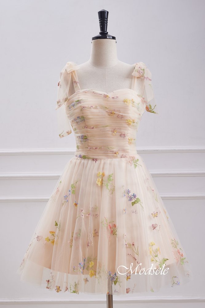 Bow Tie Straps Champagne Embroidery Tulle Homecoming Dress