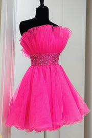 Hot Pink Strapless A-line Tulle Homecoming Dress