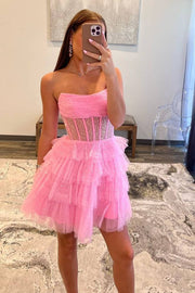 Pink Strapless A-Line Tulle Ruffle Homecoming Dress