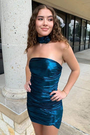 Royal Blue Metallic Strapless Tight Short Homecoming Dress