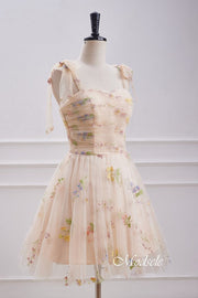 Bow Tie Straps Champagne Embroidery Tulle Homecoming Dress