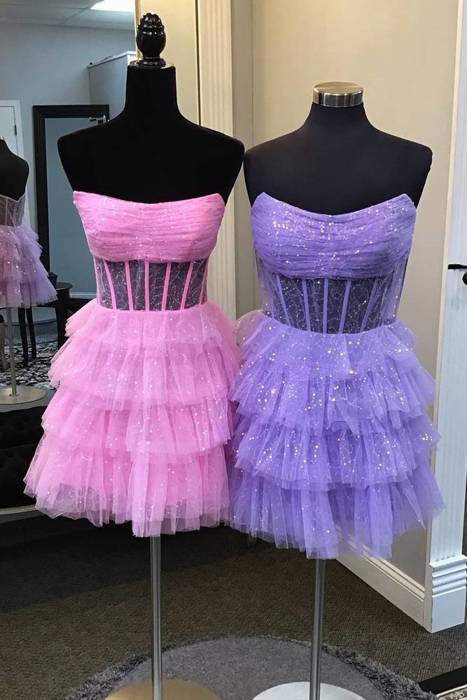 Pink Strapless A-Line Tulle Ruffle Homecoming Dress