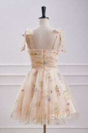 Bow Tie Straps Champagne Embroidery Tulle Homecoming Dress