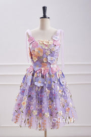 Lavender Bow Tie Straps Homecoming Dress with 3D Floral