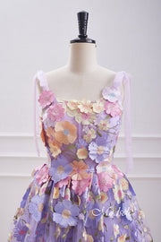 Lavender Bow Tie Straps Homecoming Dress with 3D Floral