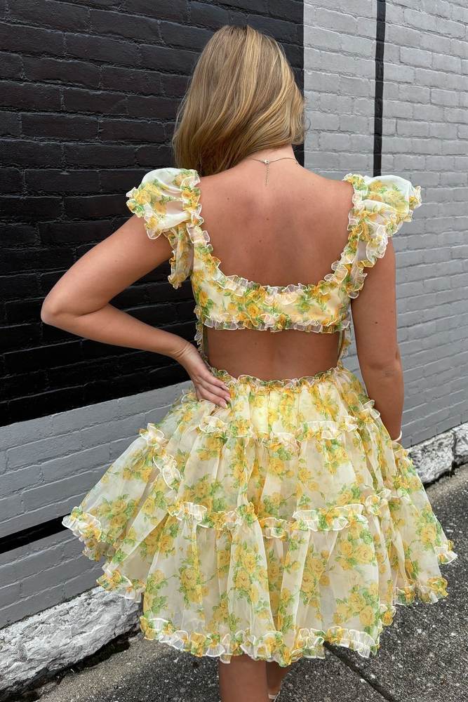 Cap Sleeves Yellow Floral Print A-Line Homecoming Dress