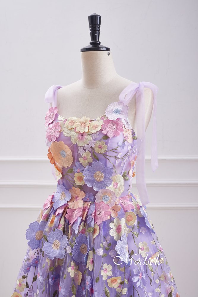 Lavender Bow Tie Straps Homecoming Dress with 3D Floral