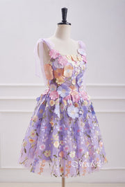 Lavender Bow Tie Straps Homecoming Dress with 3D Floral