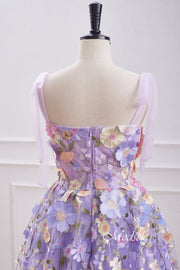 Lavender Bow Tie Straps Homecoming Dress with 3D Floral