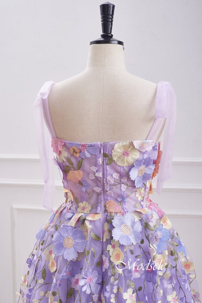 Lavender Bow Tie Straps Homecoming Dress with 3D Floral