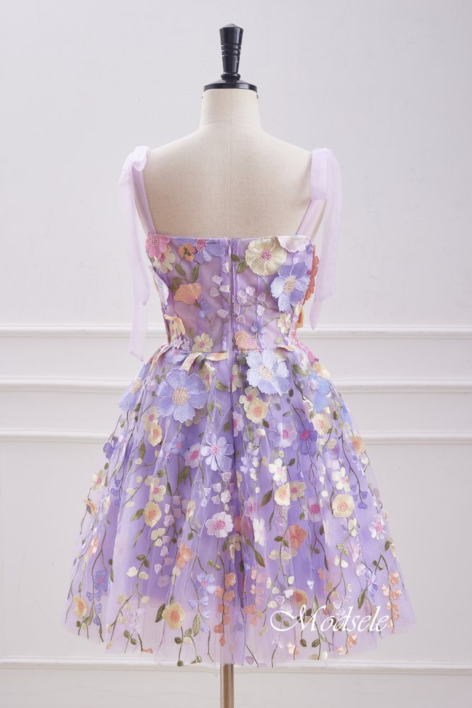 Lavender Bow Tie Straps Homecoming Dress with 3D Floral