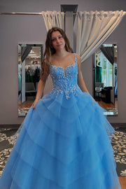 A-Line Spaghetti Straps V-Neck Empire-Waist Appliques Tiered Long Prom Dress