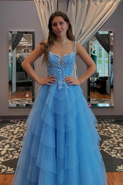 A-Line Spaghetti Straps V-Neck Empire-Waist Appliques Tiered Long Prom Dress