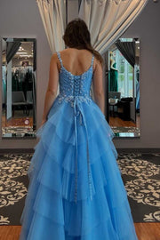 A-Line Spaghetti Straps V-Neck Empire-Waist Appliques Tiered Long Prom Dress