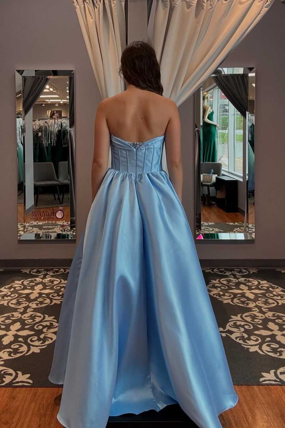 Strapless A-Line V-Neck Sleeveless Empire-Waist Pleated Satin Long Prom Formal Dress