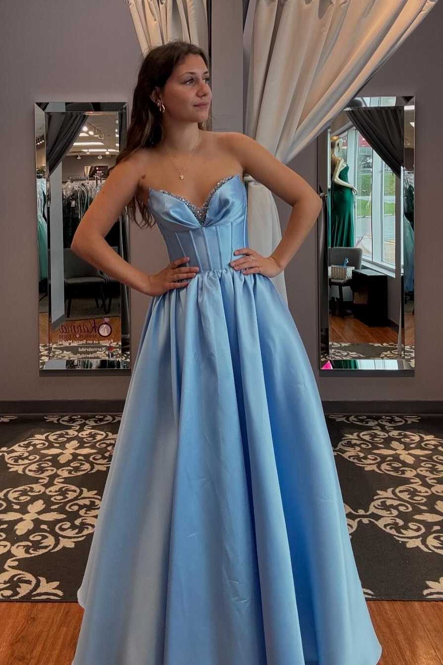 Strapless A-Line V-Neck Sleeveless Empire-Waist Pleated Satin Long Prom Formal Dress