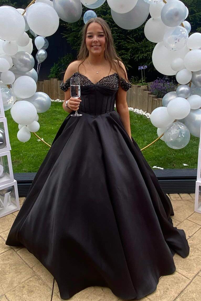 A-Line Off-Shoulder Empire-Waist Satin Pleated Long Prom Formal Dress